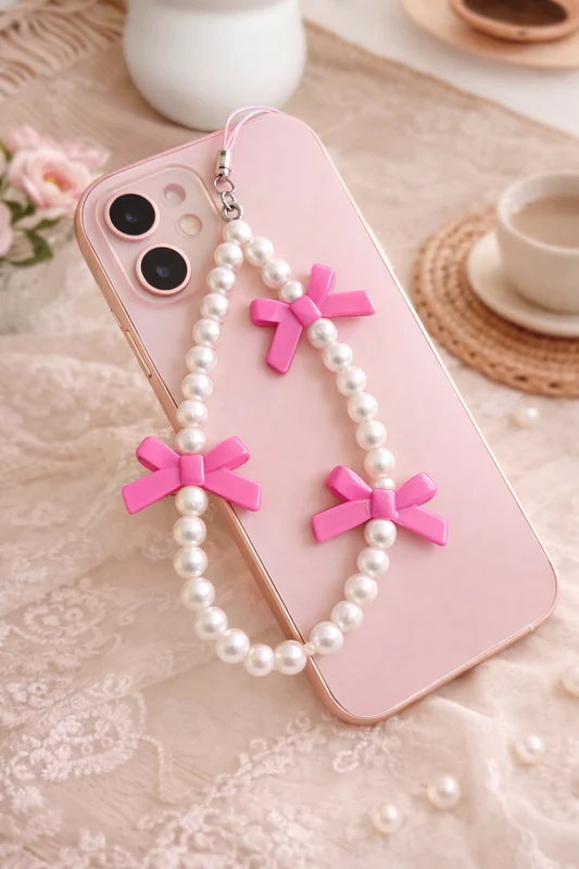 A faux pearl phone strap featuring three hot pink bow accents, attached to a pastel pink smartphone resting on white lace.